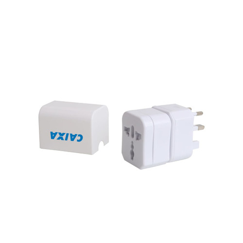 A white universal plug travel adapter set with a compact design and a logo on one side.
