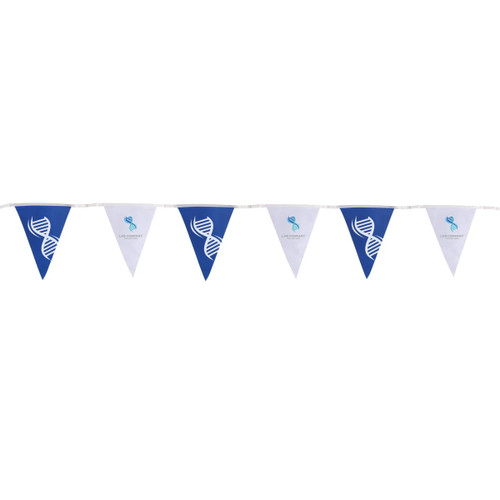 Custom PVC pennant string flags in blue and white with a logo on each flag.