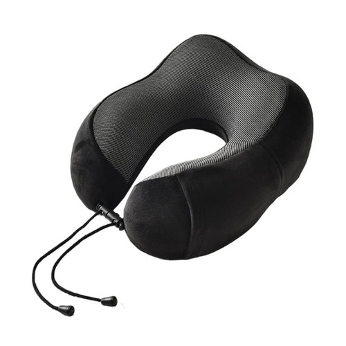 A black U-shaped memory foam travel pillow with a textured mesh surface and adjustable drawstring.