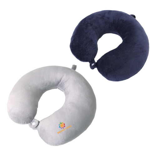 A U-shaped travel pillow in grey and navy blue, featuring a logo on the grey pillow.