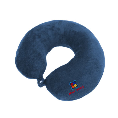 A navy U-shaped travel pillow made of soft fabric, featuring a brand logo.