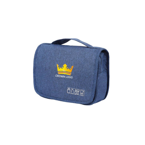 A blue hanging toiletry bag featuring a handle and a logo, designed for organising personal care items.