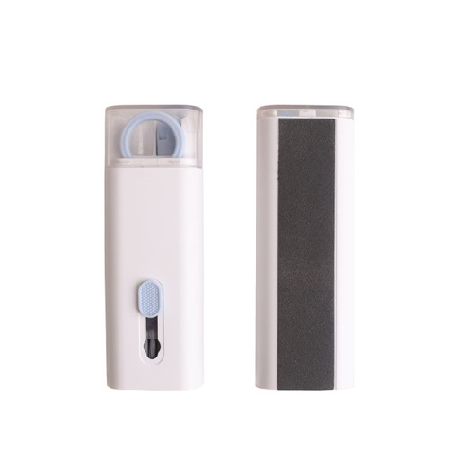 A white 7-in-1 cleaning kit featuring different tools, including a blue roller and a textured surface for cleaning.