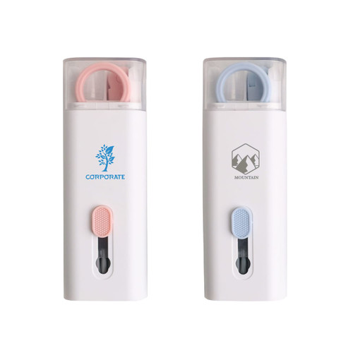 Two white cleaning kits with pink and blue caps, featuring a button and a small window to view contents. Each has a logo.