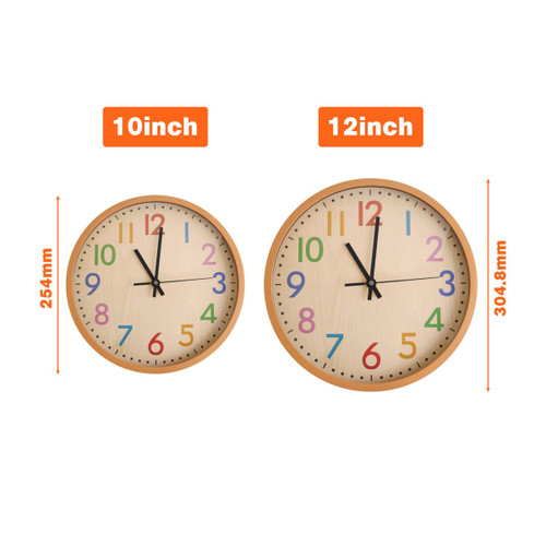 Two round wall clocks with wood grain finish, displaying colourful numbers, in 10-inch and 12-inch sizes.