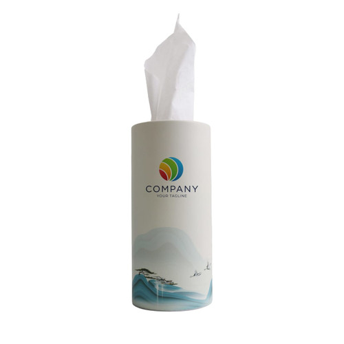 A cylindrical tissue dispenser in white with a colourful logo and a decorative wave design.