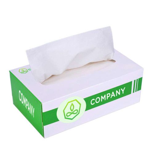 A tissue box with a white top and green accents, featuring a logo on the side. Ideal for home use.