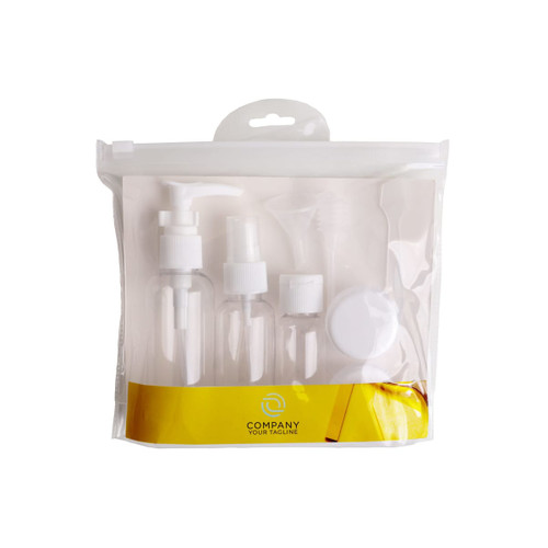 A clear cosmetic travel bottle kit featuring five transparent containers and accessories, ideal for toiletries.