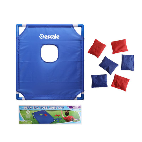 A blue and white portable cornhole game board with six bean bags in red and blue. Includes a branded logo.