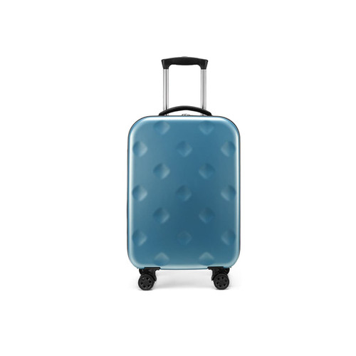 A lightweight, collapsible suitcase in a gradient teal colour with a textured surface and retractable handle.