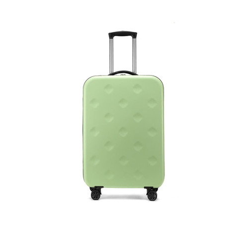 A collapsible suitcase in light green with a textured surface and dual wheels for easy mobility.