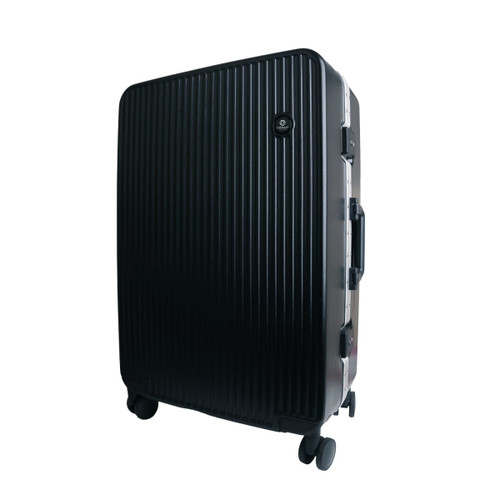 A black ribbed ABS suitcase with wheels and a handle, featuring a logo on the side.