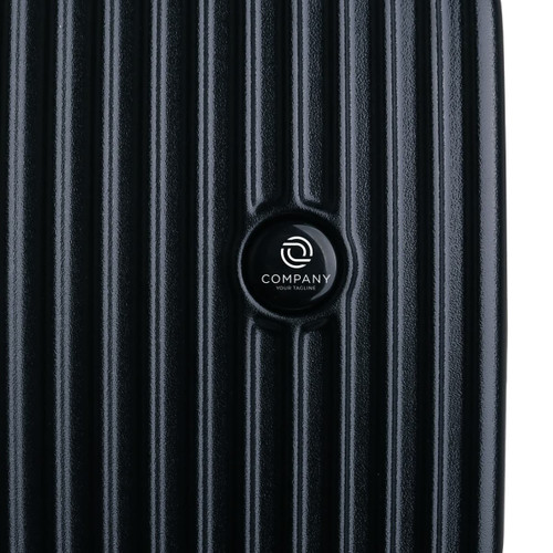 A black ribbed ABS suitcase with a circular logo in the centre.