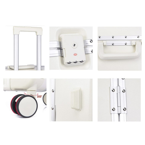 A white ribbed ABS suitcase with a telescopic handle, wheels, and hardware details. It features a logo design.