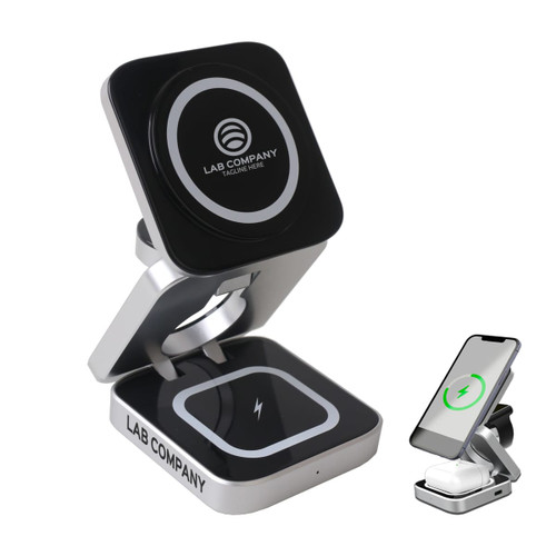 A foldable wireless charger stand in black and silver with a logo, featuring a phone and charging pad.