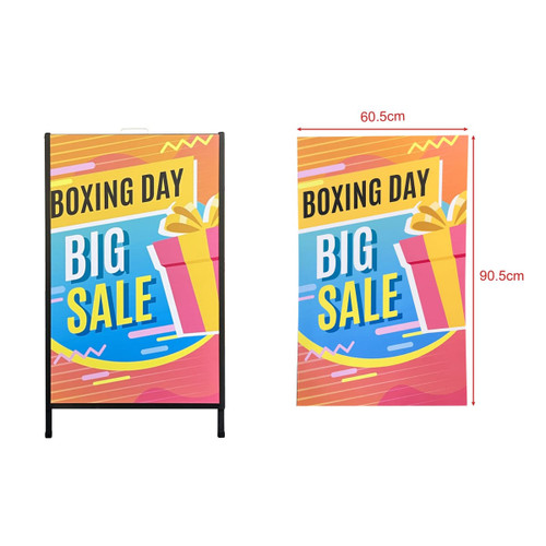 A metal A-frame sign with a colourful design featuring gifts and promotional text. It has a logo on the top.