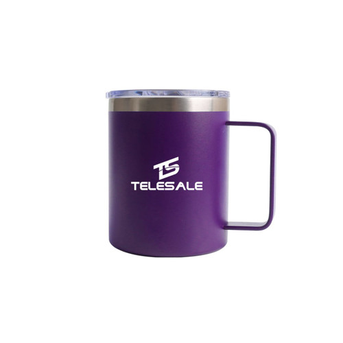 A purple stainless steel mug with a silver lid and a handle, featuring a logo on the front.