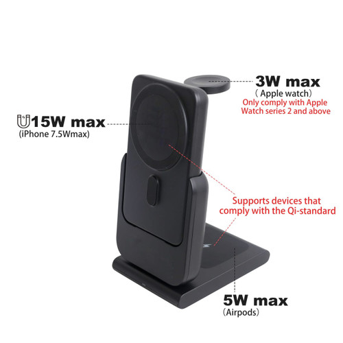 A black 3-in-1 power bank charging station, designed for iPhones, AirPods, and Apple Watches, featuring a sleek design and logo.