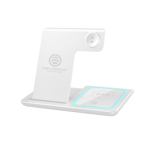 A white 3-in-1 portable wireless charger with a sleek design and a logo, featuring charging pads for various devices.