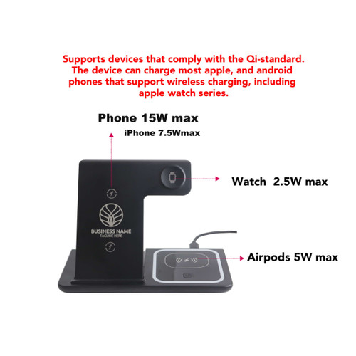 A 3-in-1 portable wireless charger with sections for a phone, watch, and earbuds, featuring a black design.