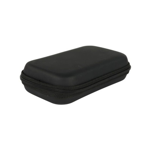A small black zipper case with a sleek design and a smooth surface, featuring a zip closure and an inner compartment.