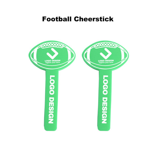 Green sponge ball cheer sticks in the shape of footballs, featuring a logo.