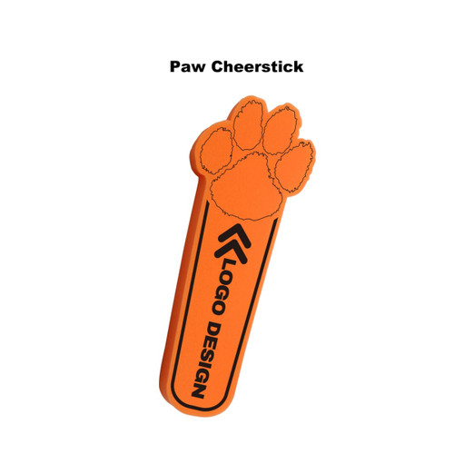 An orange cheerstick shaped like a paw, featuring a paw print design and a logo.