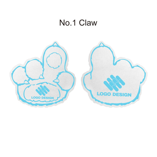 A pair of paw-shaped foam mitts in white with blue outlines and a logo design.