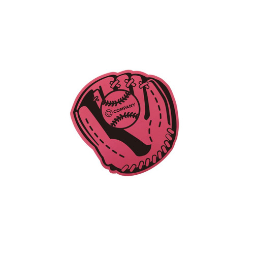 A pink foam mitt designed in the shape of a baseball glove, featuring a logo and a baseball illustration.