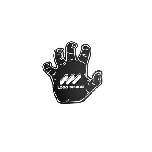 A black foam mitt in the shape of a hand, featuring a logo design in the centre.
