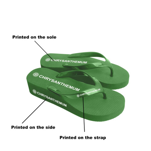 Green rubber thongs with printed branding on the sole and strap, featuring a textured footbed for comfort.