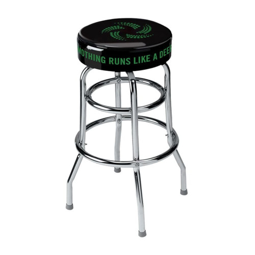 A black custom barstool with chrome legs and a logo on the seat featuring green text.