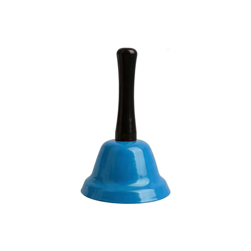 A blue hand bell with a black handle, designed for events and exhibitions. It features a simple, smooth finish.