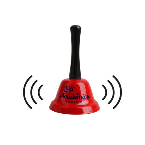 A red hand bell with a black handle and a logo. Sound waves indicated around the bell.
