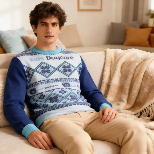 A unisex blue acrylic cotton jacquard sweater with geometric patterns, featuring a logo, worn by a model sitting on a sofa.
