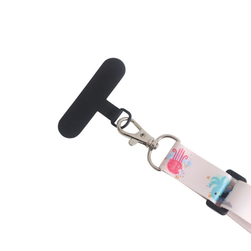 An adjustable RPET phone lanyard in pastel colours with a black clip and T-shaped handle.
