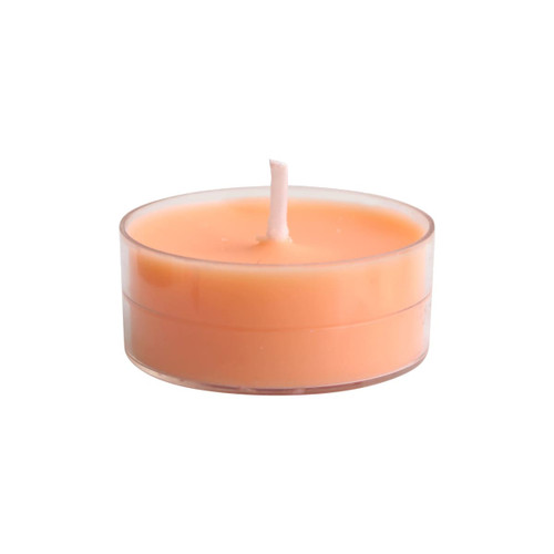 A tealight candle set featuring four orange candles in transparent holders. Suitable for home décor.
