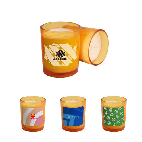 A 3.5oz glass candle in orange and yellow with various colourful designs. Features a logo on one candle.