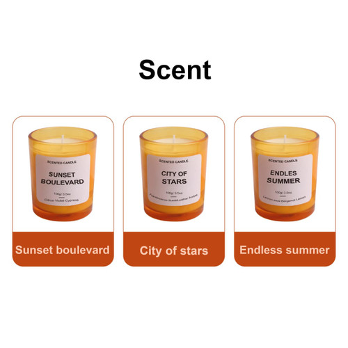 Three 3.5oz glass candles in amber containers, labelled "Sunset Boulevard," "City of Stars," and "Endless Summer."