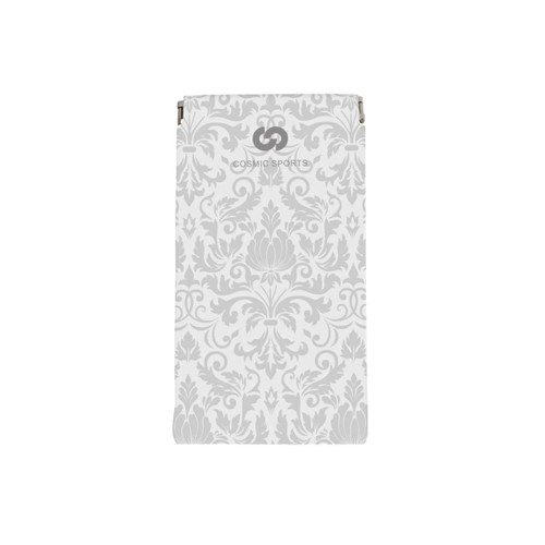 A full colour printed pouch featuring a grey decorative pattern and a logo at the top.