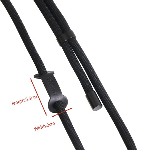 An adjustable phone lanyard in black, featuring a central adjuster for length and width.