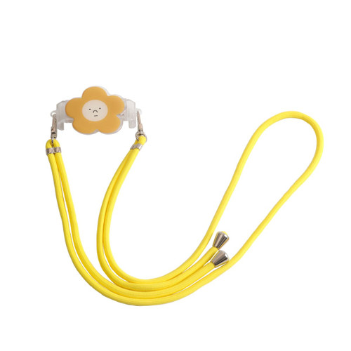 A yellow adjustable phone lanyard with a flower-shaped back clip and dual cords. Features a logo on the clip.