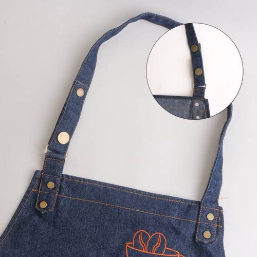 A denim full bib apron in deep blue featuring a neck strap and metal fasteners. Includes a close-up of the strap attachment.