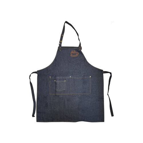 A denim full bib apron in deep blue, featuring a neck strap and front pockets, with a logo design.