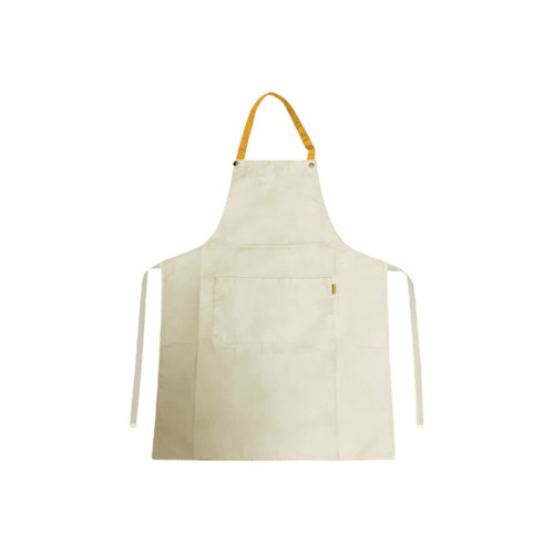 A beige poly-cotton canvas full bib apron with a yellow neck strap and a front pocket, featuring a logo.