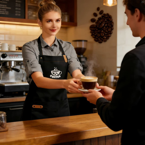 A black poly-cotton canvas full bib apron with a logo, worn by a barista in a coffee shop setting.