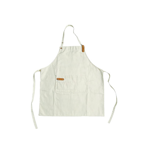 A cream-coloured poly-cotton canvas full bib apron with a neck strap and a front pocket. It features a logo.