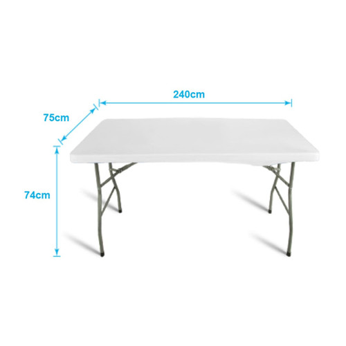 A white rectangular table with grey folding legs, measuring 240cm by 75cm.
