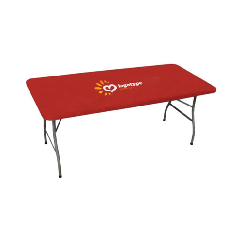 A red rectangular table topper with a logo, designed for a 6ft table and featuring folding legs.