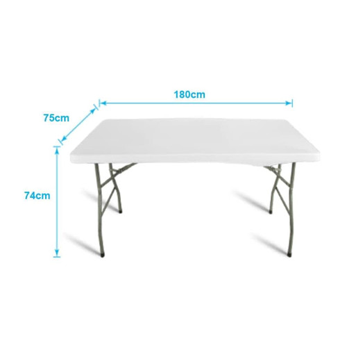 A rectangular white table topper measuring 180 cm by 75 cm, supported by foldable grey legs.